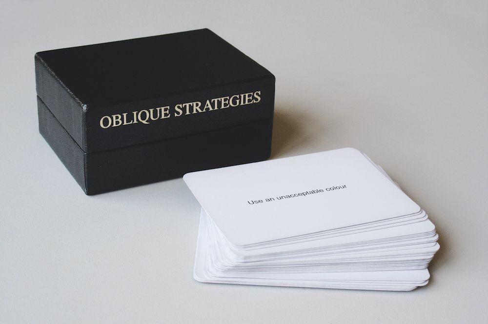 The Oblique Strategies box as sold on Brian Eno's website.
https://www.enoshop.co.uk/product/oblique-strategies.html